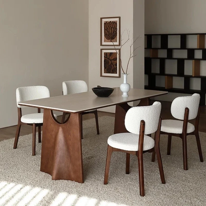 

Medieval solid wood dining table, modern simple small apartment travertine rock slab dining table