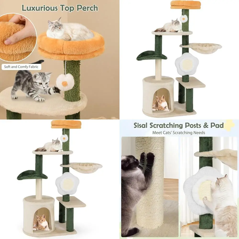 

Многоуровневая лежанка-когтеточка для кошек с цветочным дизайном, 45 элементов: столбики-когтеточки, платформы, корзина и игрушка