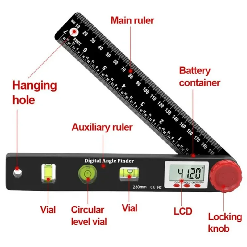 4 In 1 Digital Display Angle Ruler Protractor 3 Bubble Level Guage LCD Display Angle Measuring Tool Woodworking Accessories