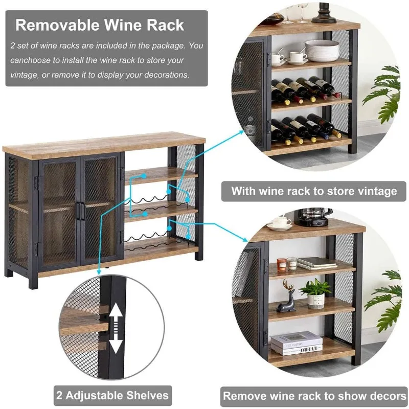 

Bar Cabinet with Storage, Industrial Liquor Cabinet for Home, Buffet Sideboard with Wine Rack and Glass Rack,47 Inch