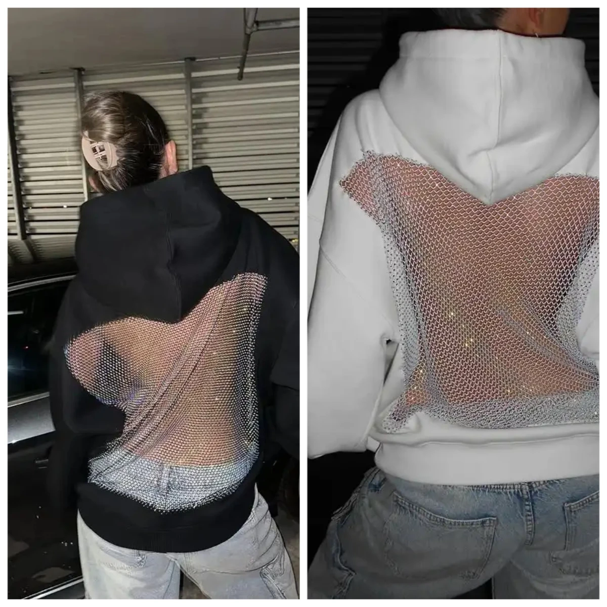 Damska seksowna bluza z kapturem z siateczki w stylu Y2K, prześwitująca bluza damska, codzienna kurtka z długim rękawem