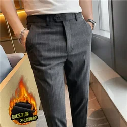 Autumn Winter Plush Thick Warm Suit Pants Fashion Striped Elastic Slim Fit Dress Pants Formal Business Office Social Trousers