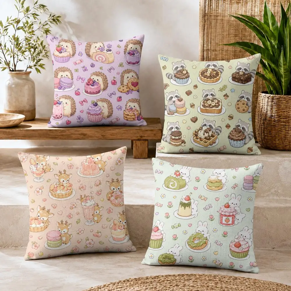 Kawaii Animal Dessert Cushion Cover Summer Coolness Linen Organic Fabric Sofa Pillow Case Double-Sided Printing Home Decor