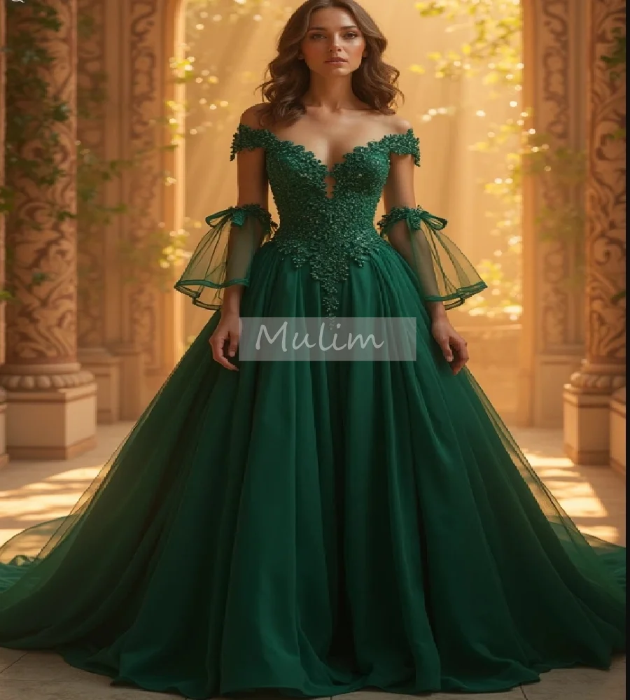 

Романтическое зеленое платье для выпускного вечера 2025 года с открытыми плечами и расклешенными рукавами, тюлевое вечернее платье, кружевное элегантное вечернее платье для торжественной церемонии по индивидуальному заказу