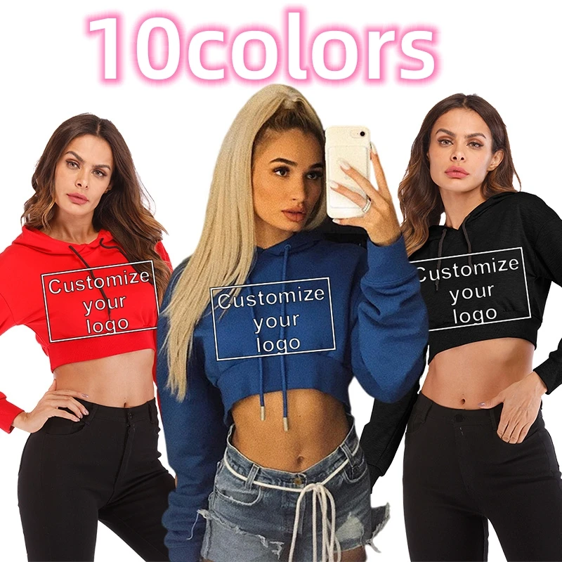 

Hooded Women's Top Sports Fashion Solid Color Long Sleeve Customization Your Logo Hoodie Short Open Umbilical Sweater 10 Colors