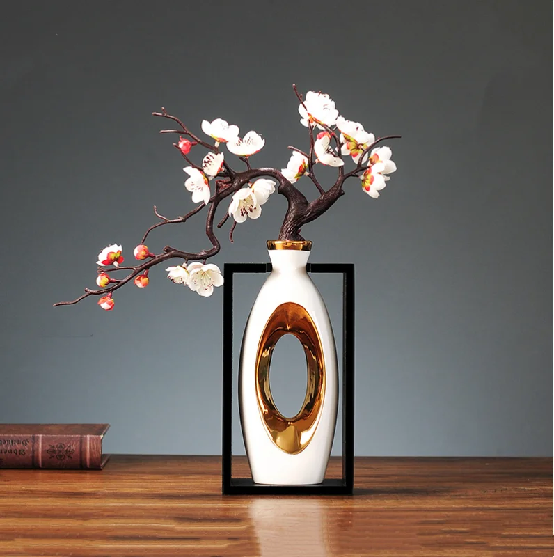 Chinese Style Creativity Ceramic Vase Wooden Frame Retro Openwork