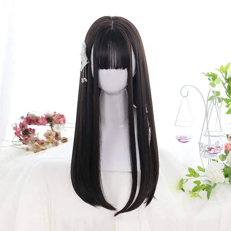 AOSI  Long Straight Hair Black Synthetic Lolita Wigs with Bangs for Women Fashion Female Cosplay Party Christmas Wigs