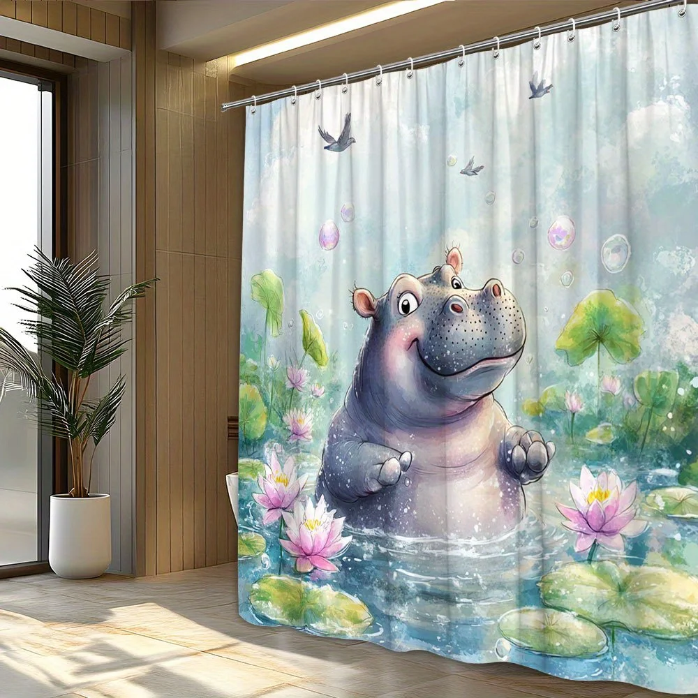 Cute Hippo Shower Curtain Waterproof Polyester Lotus Pond Animal Design Bathroom Decor Novelty Home Gift