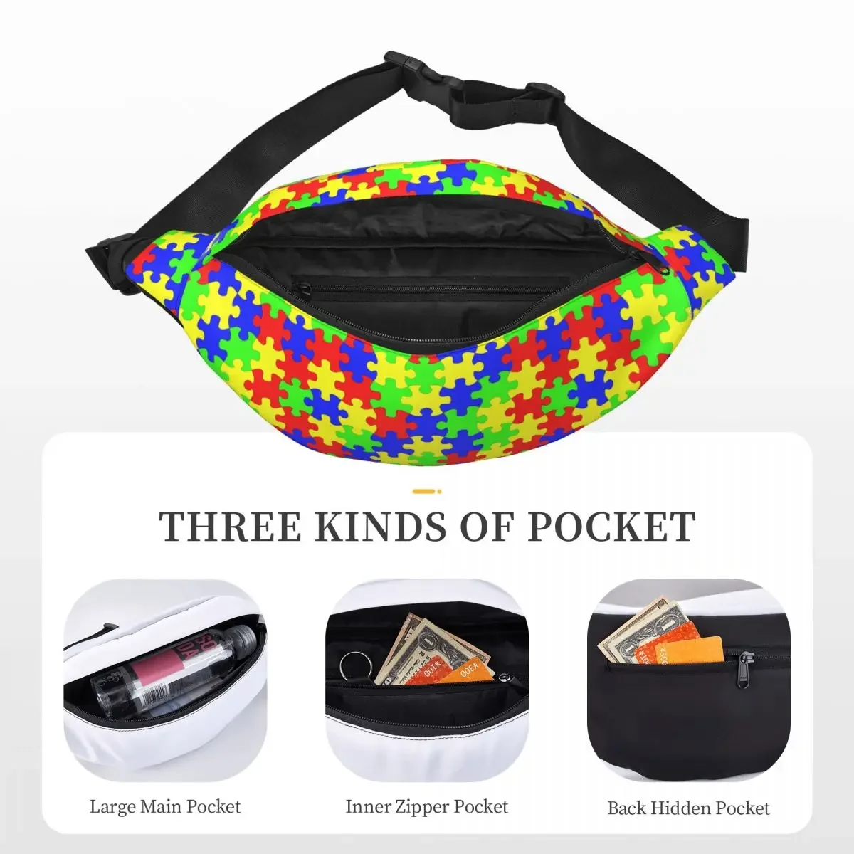 Custom Cool Kleurrijke Legpuzzels Autisme Awareness Fanny Pack Running Vrouwen Mannen Sling Crossbody Heuptas Telefoon Geld Pouch