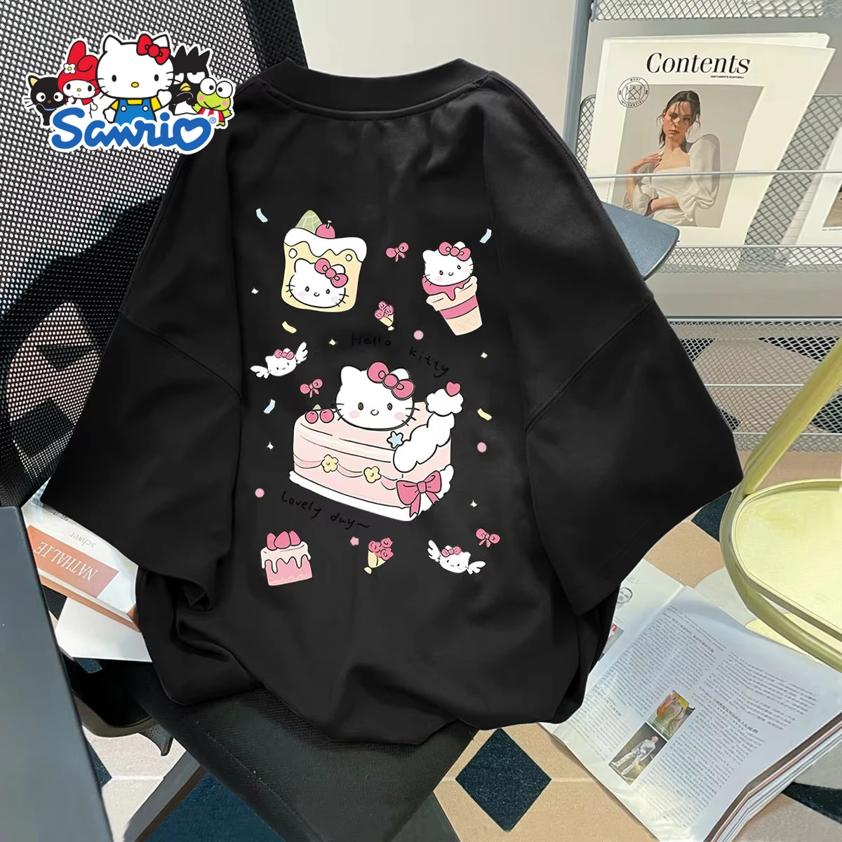 Hello Kitty, милая футболка с мультяшным принтом Sanrio, новая летняя женская хлопковая футболка больших размеров, свободный повседневный модный топ с короткими рукавами