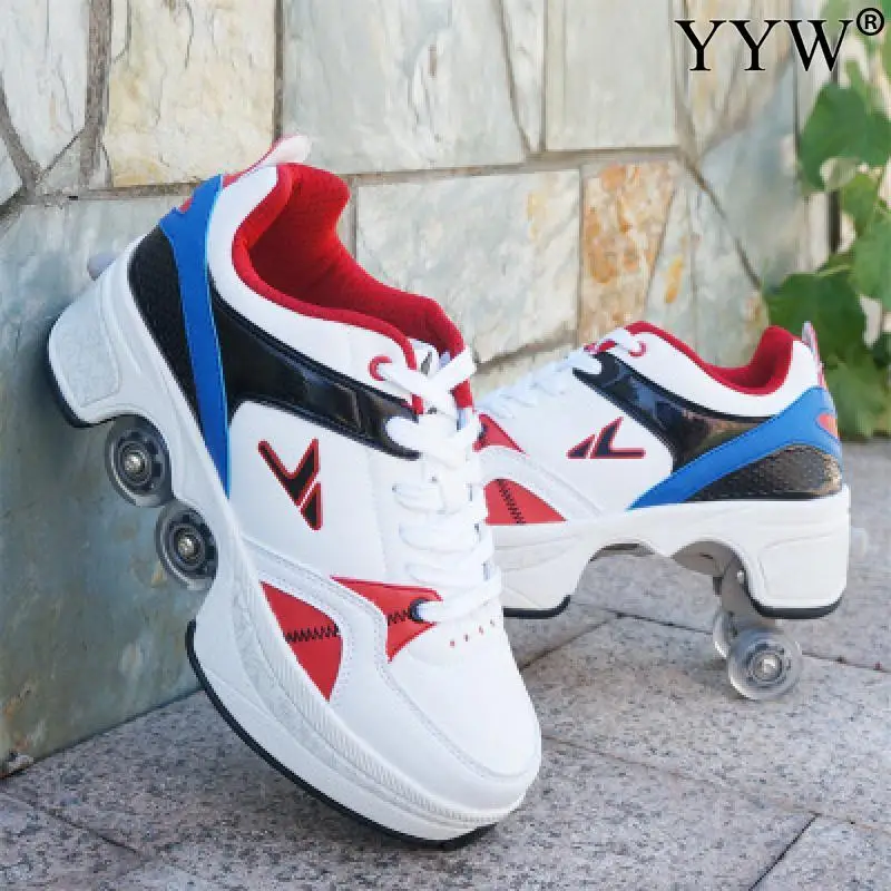 2024 Deform Wheel Skates Roller Skate Shoes Runaway Sneakers With 4-Wheel Casual Deformation Parkour Adult Children Rounds Walk