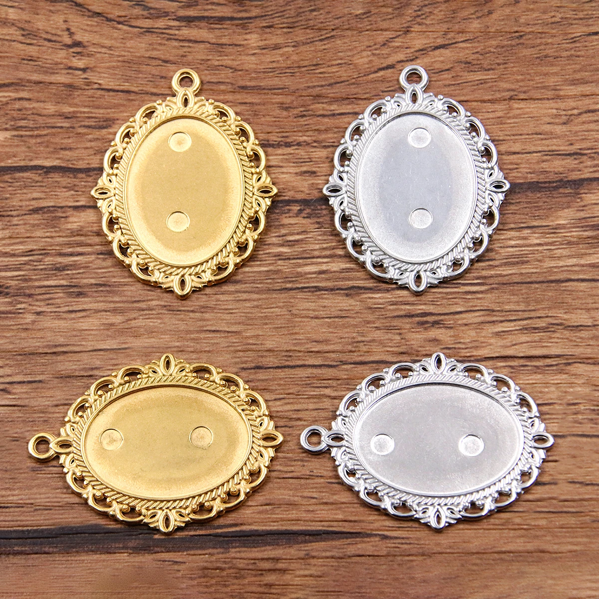 2Pcs 18X25mm Inner Size Stainless Steel Gold Ellipse Cabochon Base Setting Diy Blank Pendant Tray For Necklace Making