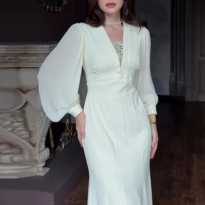 

Spring Fashion Solid Mesh Bohemian Dresses Autumn Puff Long Sleeve Trumpet Dress Womens Sexy V Neck Sequin High Waist Long Dress