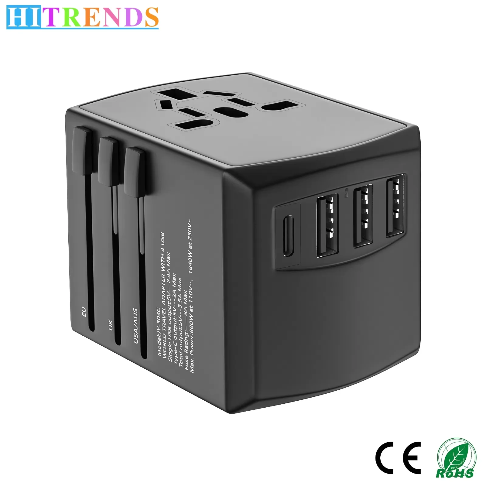 Enchufe Universal Global, adaptador de viaje, 3 puertos USB y 1 tipo C de carga rápida, enchufe convertidor UE, Reino Unido, EE. UU., AU, Sudáfrica, India