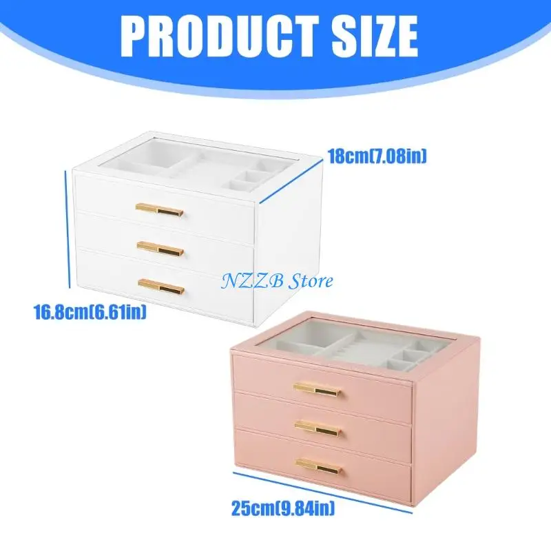 T21F Hộp đựng trang sức thời trang Da PU Hoàn thiện 3 hệ thống ngăn kéo Top