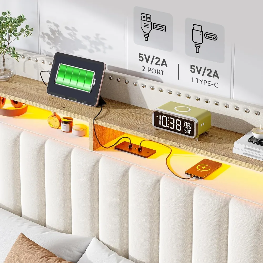 إطار سرير تخزين منجد بحجم كينج مع أضواء LED ومحطة شحن، سرير بمنصة خشبية قوية