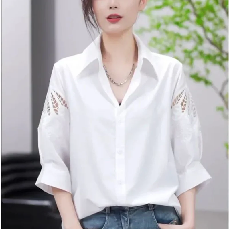 2024 New Summer Chic Bohemian Retro Loose Casual Office Lady Women\'s Shirt Solid Color Hollow Out Turtleneck Short Sleeve Tops