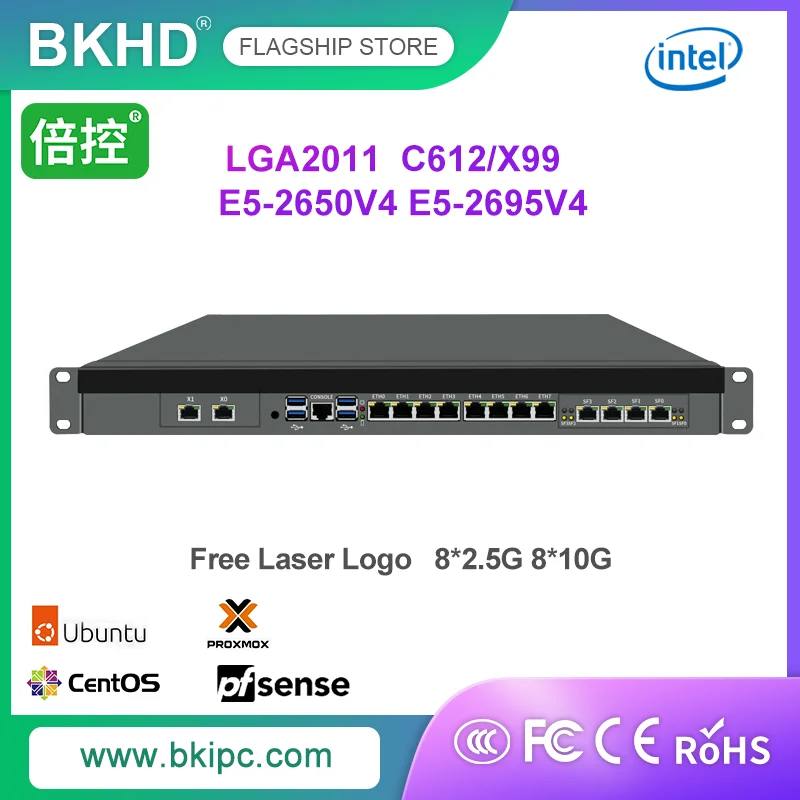 BKHD 19 inch 1U Firewall Server LGA2011 Intel C612/X99 Xeon E5-2650V4 E5-2695V4 8*2.5G 8*10G SFP Ondersteuning WIFI 4G VPN Linux Pfsen