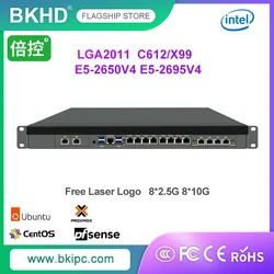 BKHD 19 inch 1U Firewall Server LGA2011 Intel C612/X99 Xeon E5-2650V4 E5-2695V4 8*2.5G 8*10G SFP Support WIFI 4G VPN Linux Pfsen