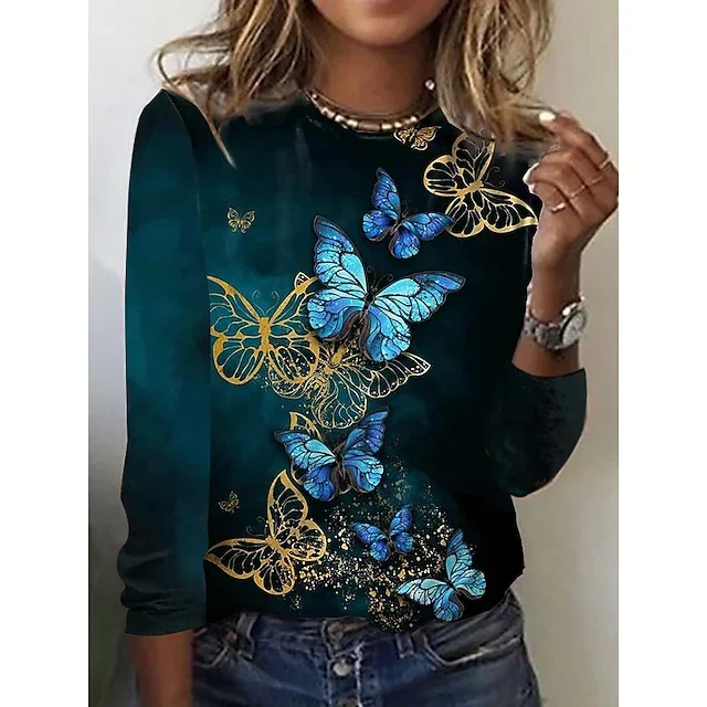 

Y2k top Street women's 2024 autumn new fashionable butterfly print round neck long sleeved T-shirt top for women YBF37-3