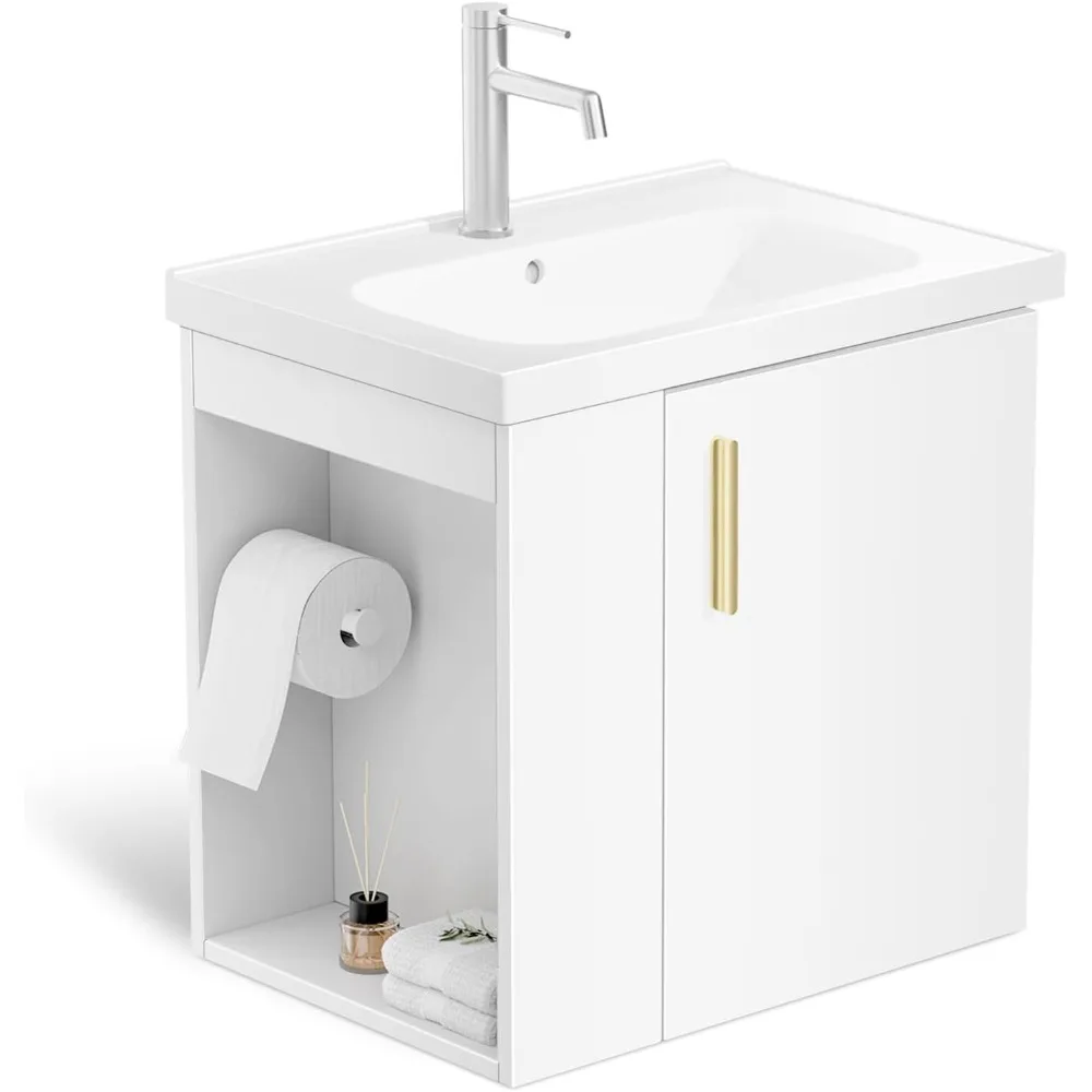 Pre-Assembled 20 Inch White Floating Small Bathroom Vanity, Wall Mounted Cabinet with Sink, Left Side Storage, Soft-Close Door,