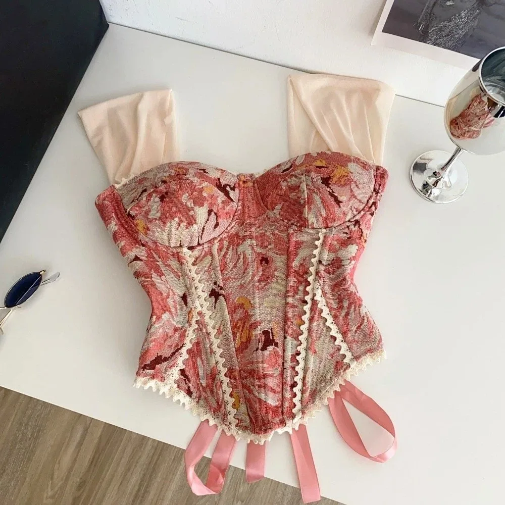 American Style Slim Fit Fishbone Corset Floral Print Sleeveless Crop Tops Lace-up Back Suspender Vest Party Wear