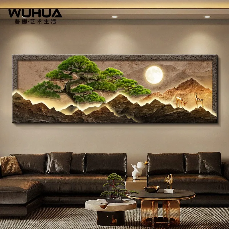Welcome Pine New Chinese Style Living Room Decor Painting - Grand Landscape Sofa Accent Wall Hanging Art - Zen Tea Room Lighted