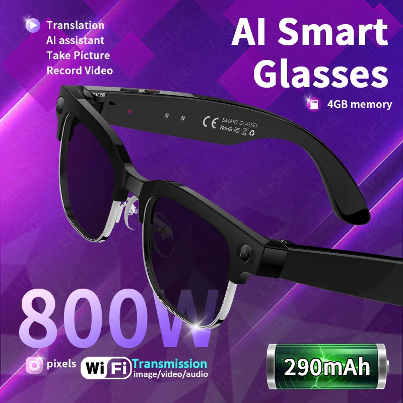 

LIGE 8MP Smart Photochromic Glasses AI Recognition Camera Photography Video Record Bluetooth Call Music Voice Wake Up Sunglasses