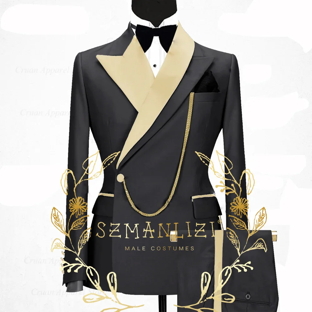 

Fashion Black Men Suits Double Breasted Costume Homme Gold Satin Peak Lapel Jacket Pants Formal Suits For Wedding Groom Tuxedos