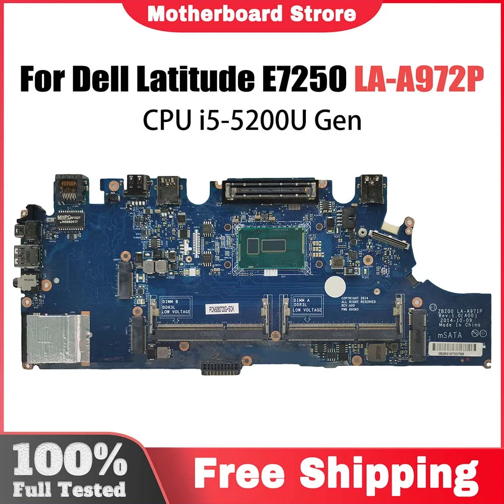 Notebook Mainboard For DELL Latitude E7250 CN-02YX3C 02YX3C LA-A972P Laptop Motherboard I5-5200U DDR3 Systemboard