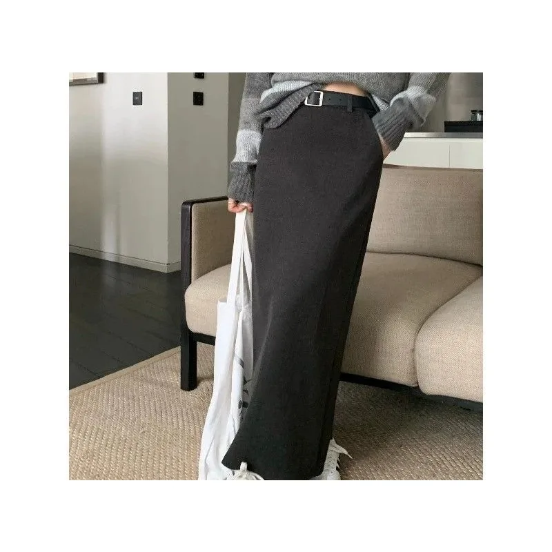 Falda a la cadera con bolso de lana para mujer, media falda informal versátil de cintura alta, falda acampanada de longitud media, otoño e invierno