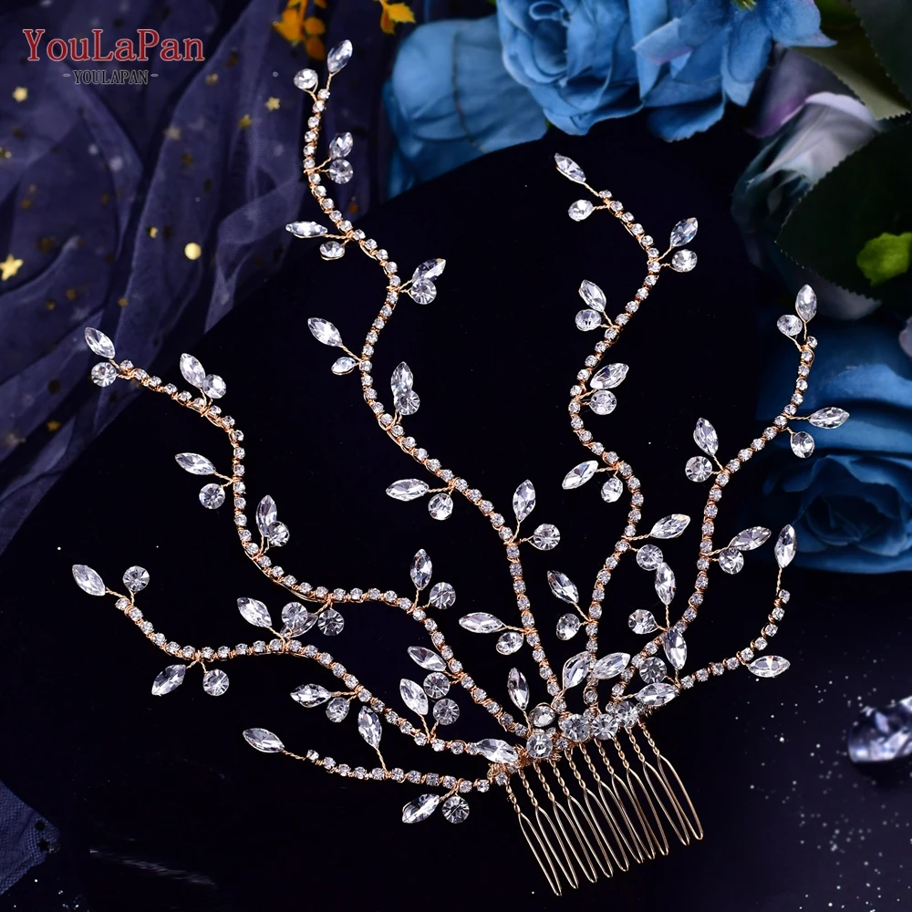 Youlapan pente de cabelo artesanal para noiva, cor dourada e prateada, faixa de cabeça para casamento, acessórios para cabelo de noiva, dama de honra, festa hp481