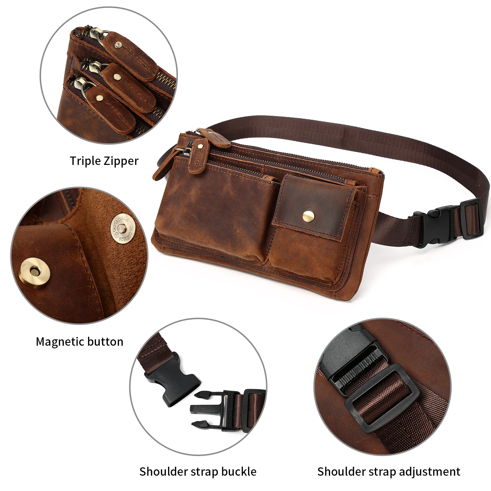 Vintage Leather Waist Bag Fanny Pack for Men Women Hip Bum Bag Belt Slim Chest Bags Cell Phone Purse Wallet Crossbody Sling Pou