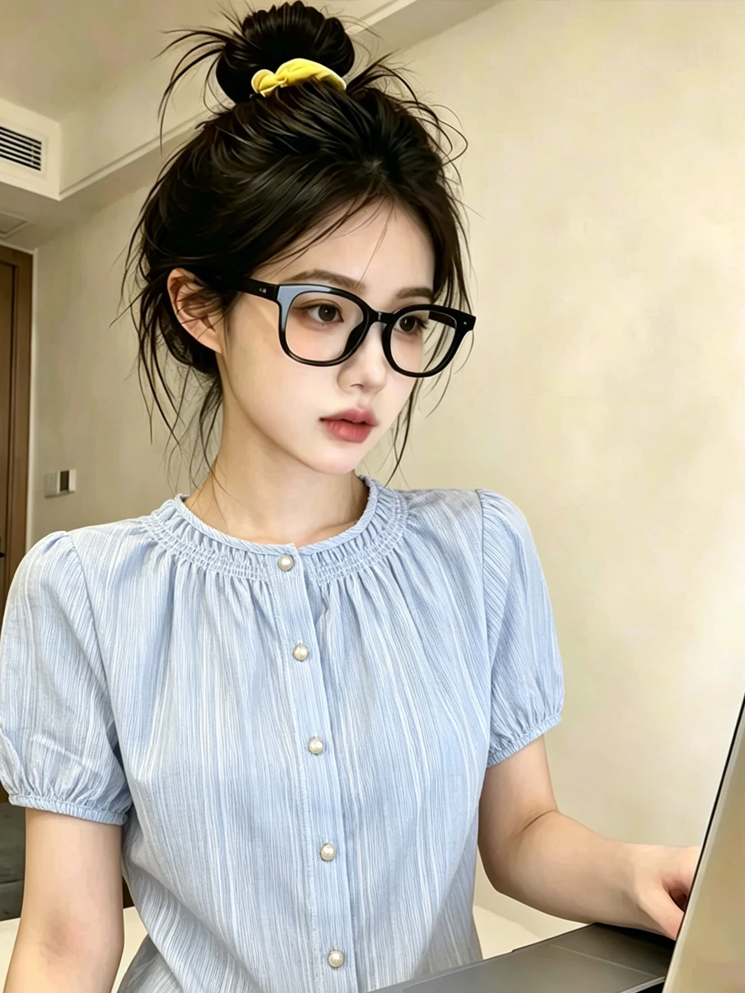 

Summer 2026 Women's Striped Single-Button Short-Sleeve Shirt Korean Style Loose Fit Commute Fashion Polyester Cotton Blend