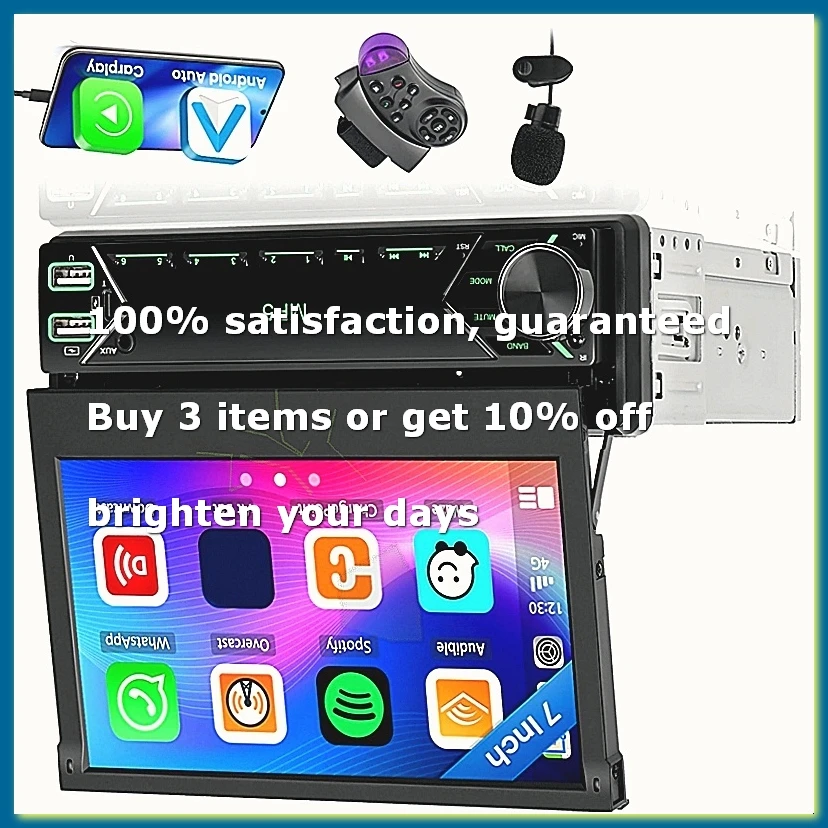 Single Din Car Stereo with Carplay Android Auto 7 Inch Retractable Touchscreen Radio Receiver with Bluetooth FM EQ SWC