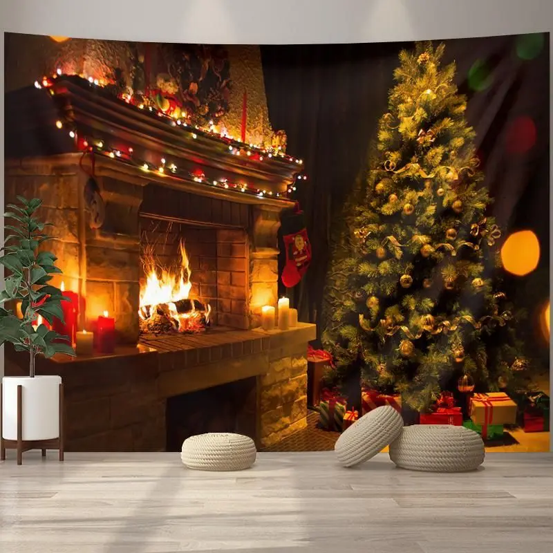 VIKAMA Brick Fireplace Christmas Horizontal Tapestry Wall Hanging for Room Aesthetic Cozy Modern Minimalist Style Home Decor