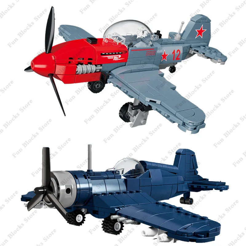 WW2 Pacific Storm Weapon F4U Corsair Fighter Building Blocks Air Force Model Bricks Yak-3 Plane Soldier Military Toys For Kids