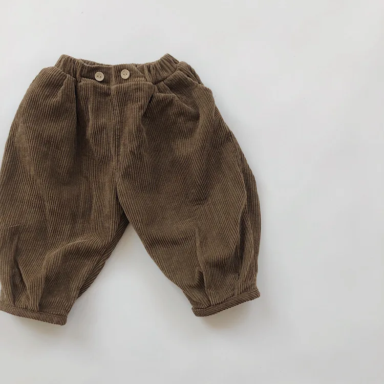 Korean Style Straight Corduroy Vintage Baby Pants Elastic Button Loose Coffee Pocket Newborn Pants Autumn Winter