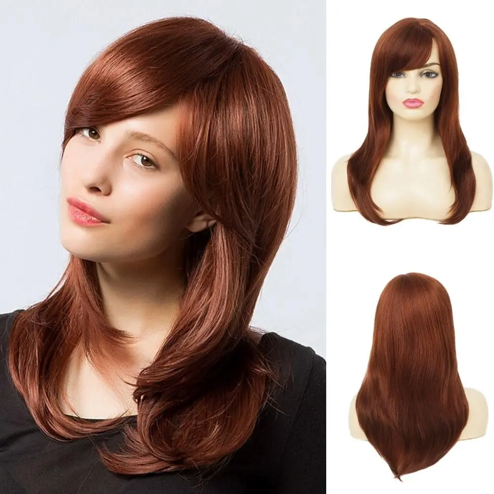 Reddish Brown Straight Wig for women Medium Length Layered Wig with Side Part Bangs Synthetic Wig for Daily Party Use