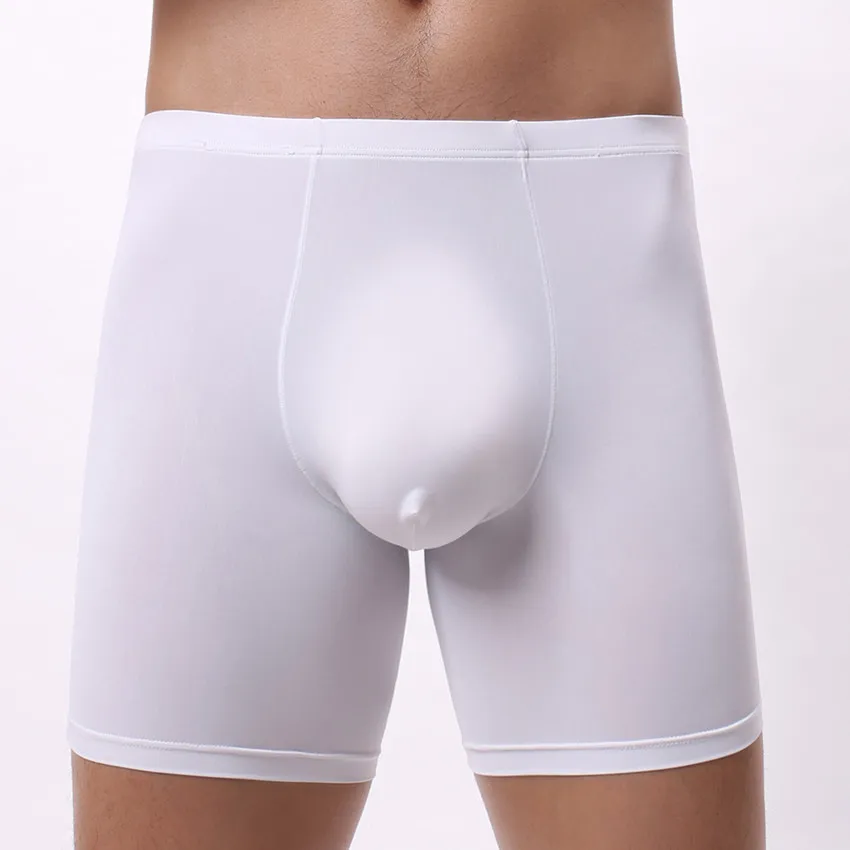 Tamanho de eur sexy cueca boxers homens shorts sólida calcinha homem de seda gelo u bolsa longo perna cueca cueca calzoncillos roupas esportivas