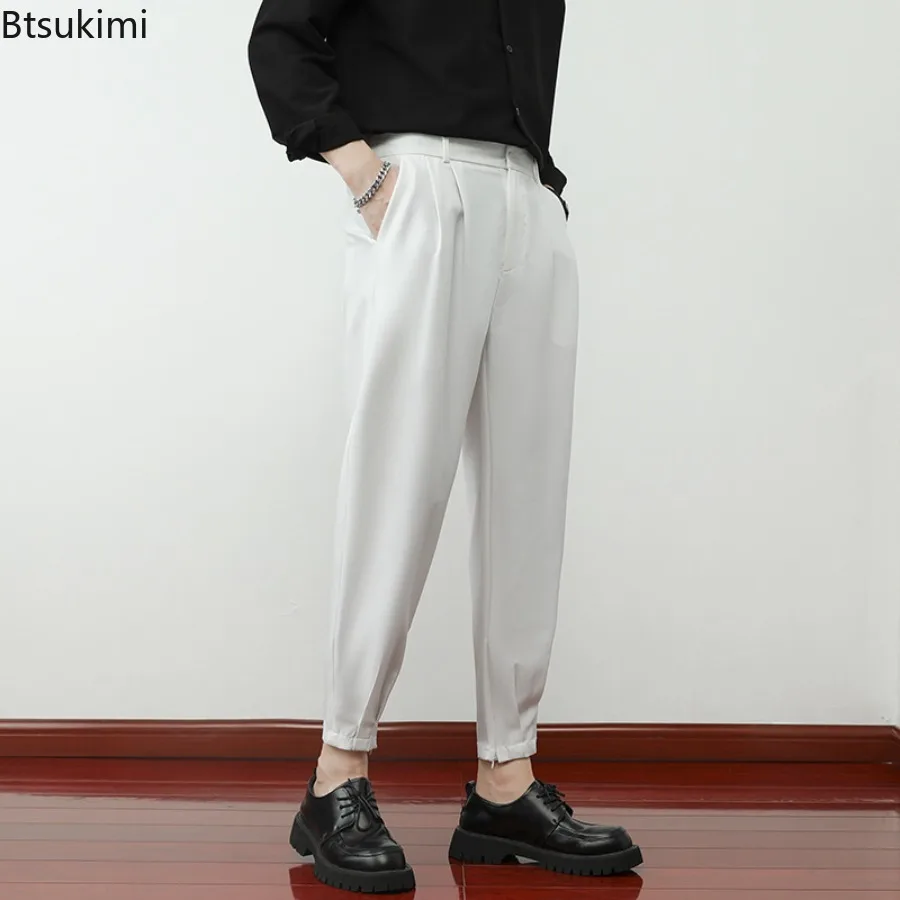 New Fashion Men Solid Casual Pants Elastic Waist Small Feet Slim Trousers Korean Style Pleated Tapered Men Suit Pants Streetwear