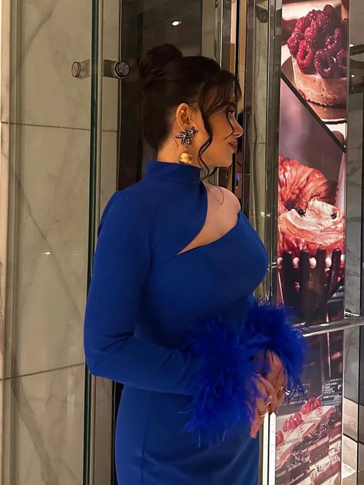 Jirocum bleu sirène robe de soirée femmes col haut à manches longues plume fête robe de bal longueur de plancher robes d'occasion formelles