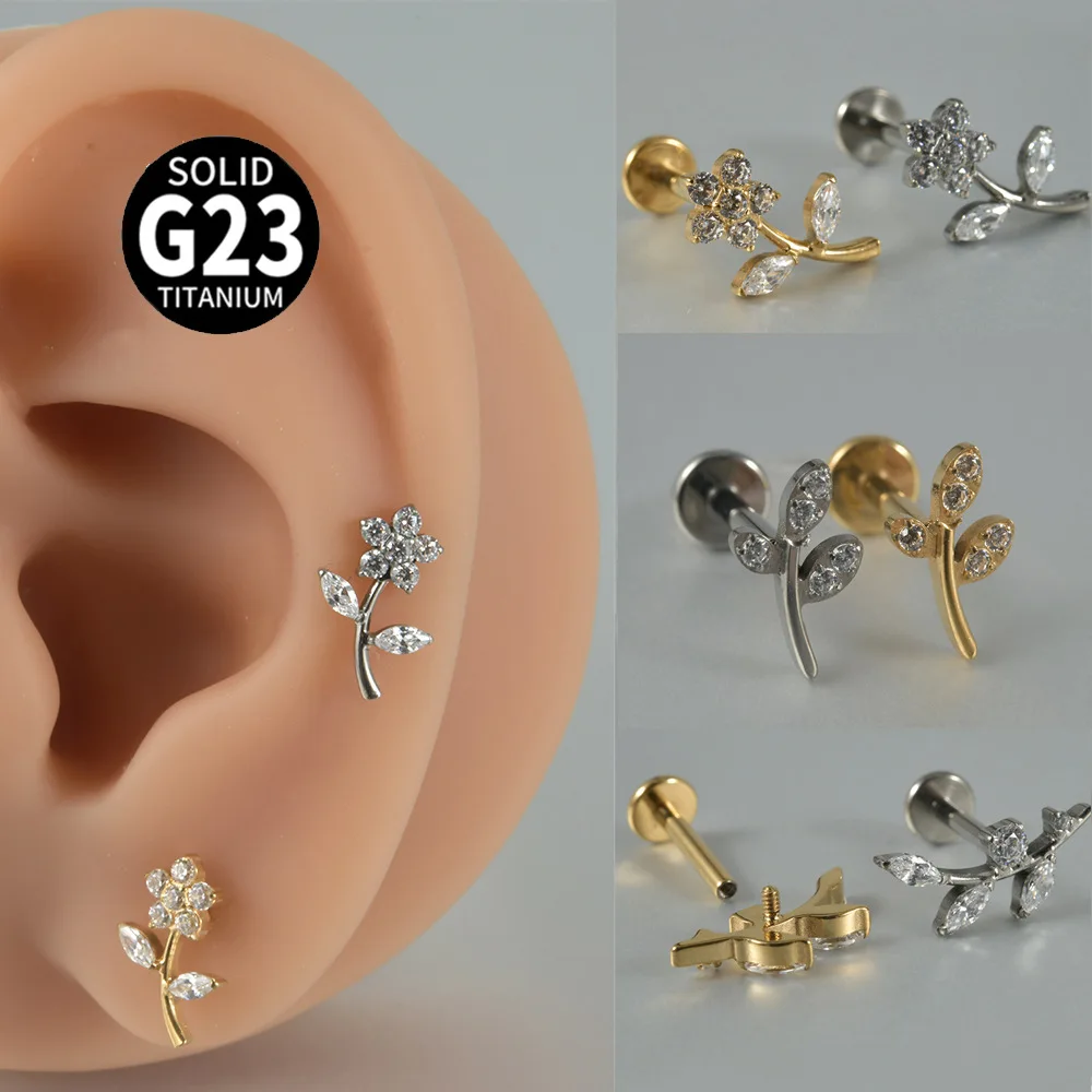 1Pair Matching Dainty Piercing Earrings for Women Fashion Helix F136Titanium with Zircon G23 Titanium Puncture Grass Leaf Earing