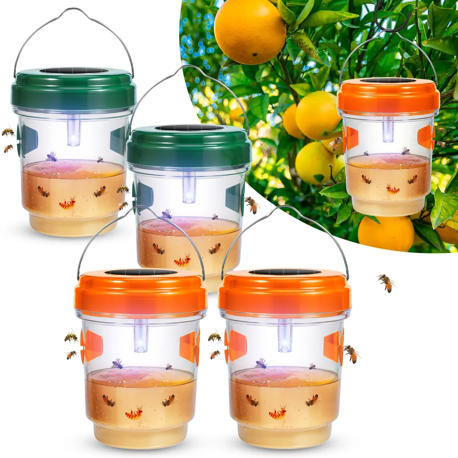 4 Pack Wasp Trap Solar Powered Bee Repellent Outdoor Hanging Killer Hornet with Light Flying Insect Trap Wasp Catcher