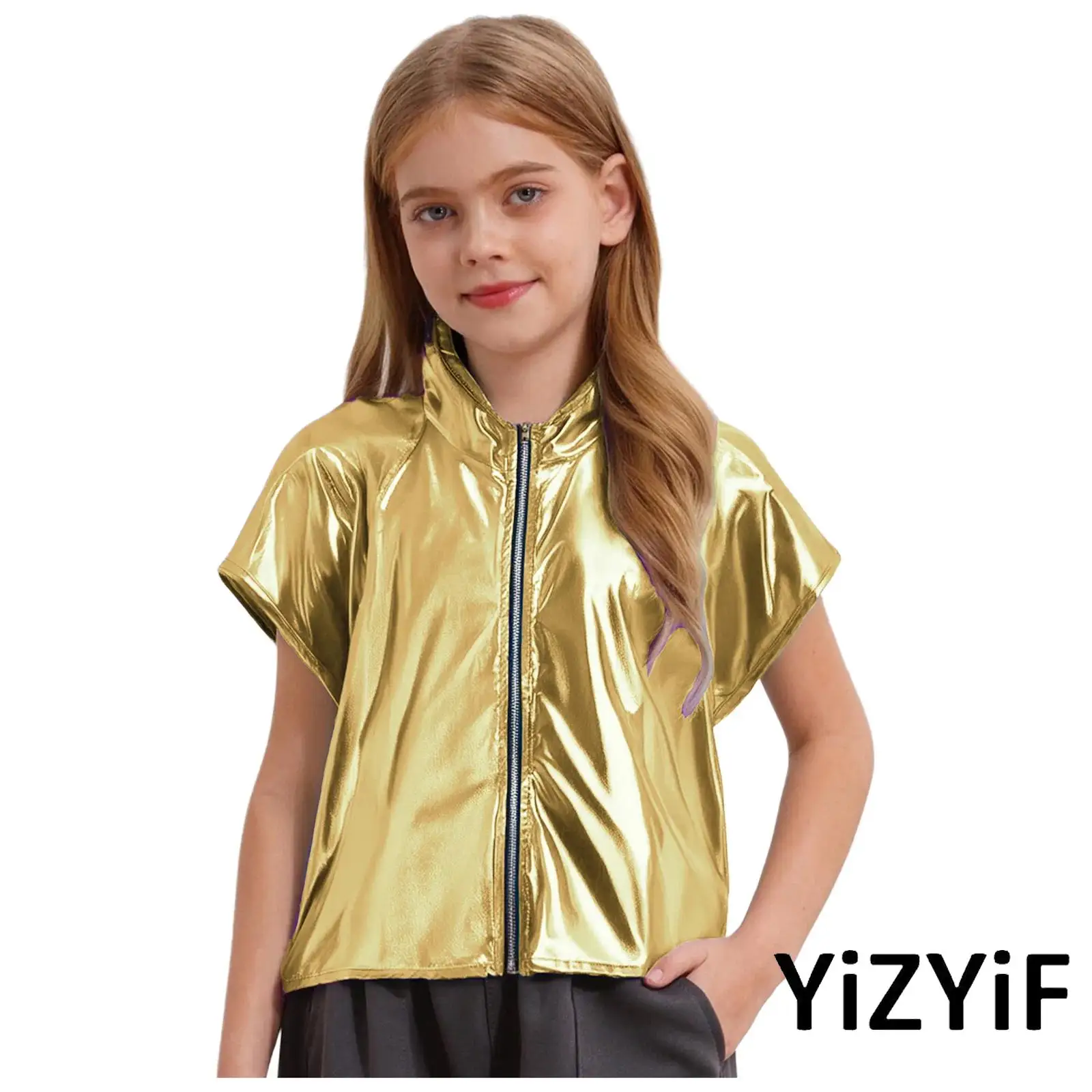 

Unisex Kids Boys Girls Metallic Hooded Jazz Disco Dance Vest Sleeveless Zipper Shiny Hoodie Outwear Jazz Hip Hop Dance Costume