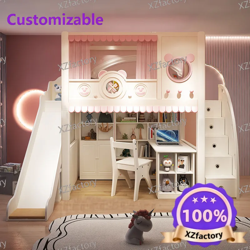 

CustomizableTwo-tier kids wooden bunk bed with treehouse castle upper bed and lower desk, suitable for boys and girls