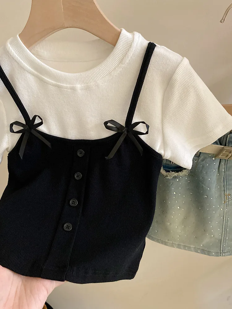 Girls T-shirt 2024 Summer New Lovely Bow Knot Splicing Tops Cowboy Skirt Casual Simple Fashion Loose Sweet Korean Active Vintage