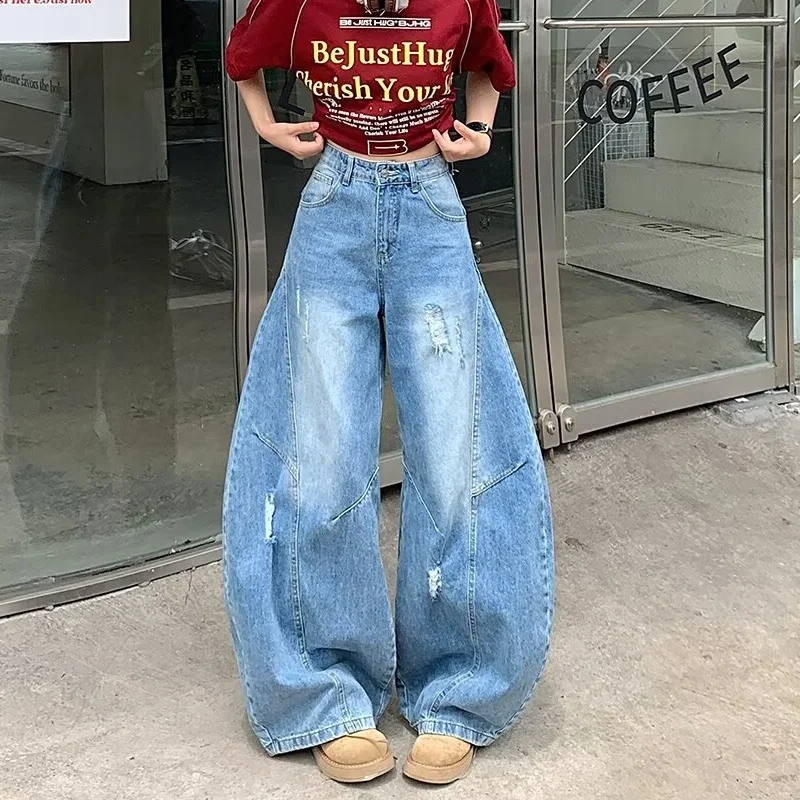

2025 Cyber Y2K Streetwear Washed Blue Baggy Ripped Jeans Pants For Women Clothing Wide Leg Lady Denim Trousers Ropa Para Mujer
