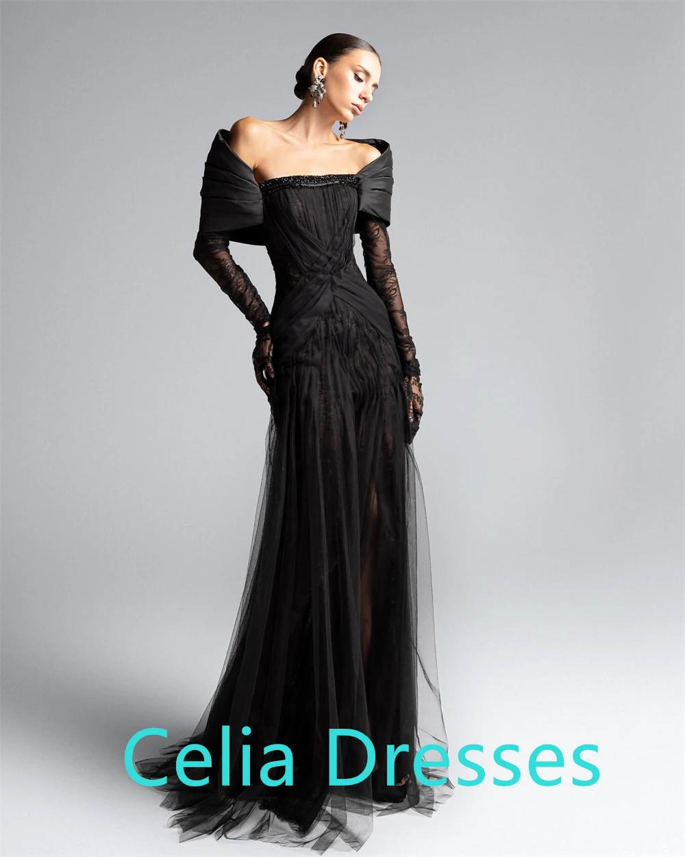 فستان سهرة حديث من التول الأسود مخصص قبالة الكتف وأكمام طويلة فستان العودة للوطن رائع مناسبة خاصة