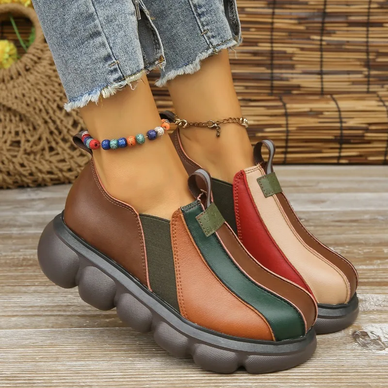 Women Retro Leather Shoes Casual Loafers Mixed Color Lazy Shoes Round Toe Vulcanized Shoe Ethnic Style Slip On Shoe Wedges Shoe